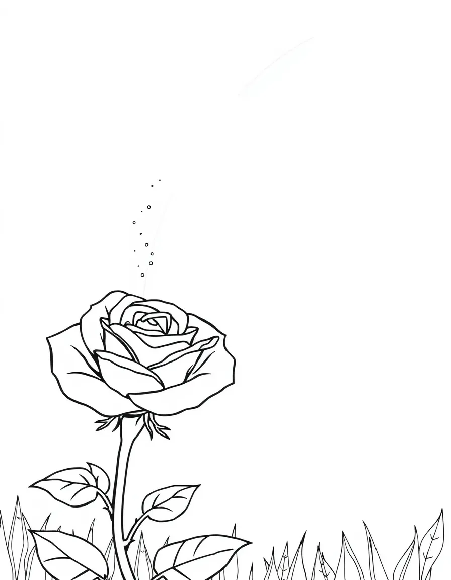 A close-up of a rose and its stem under a rainbow