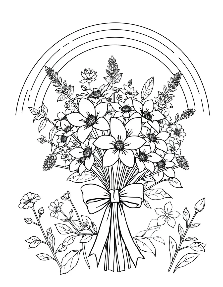 A bunch of wildblossoms tied with a bow under a rainbow