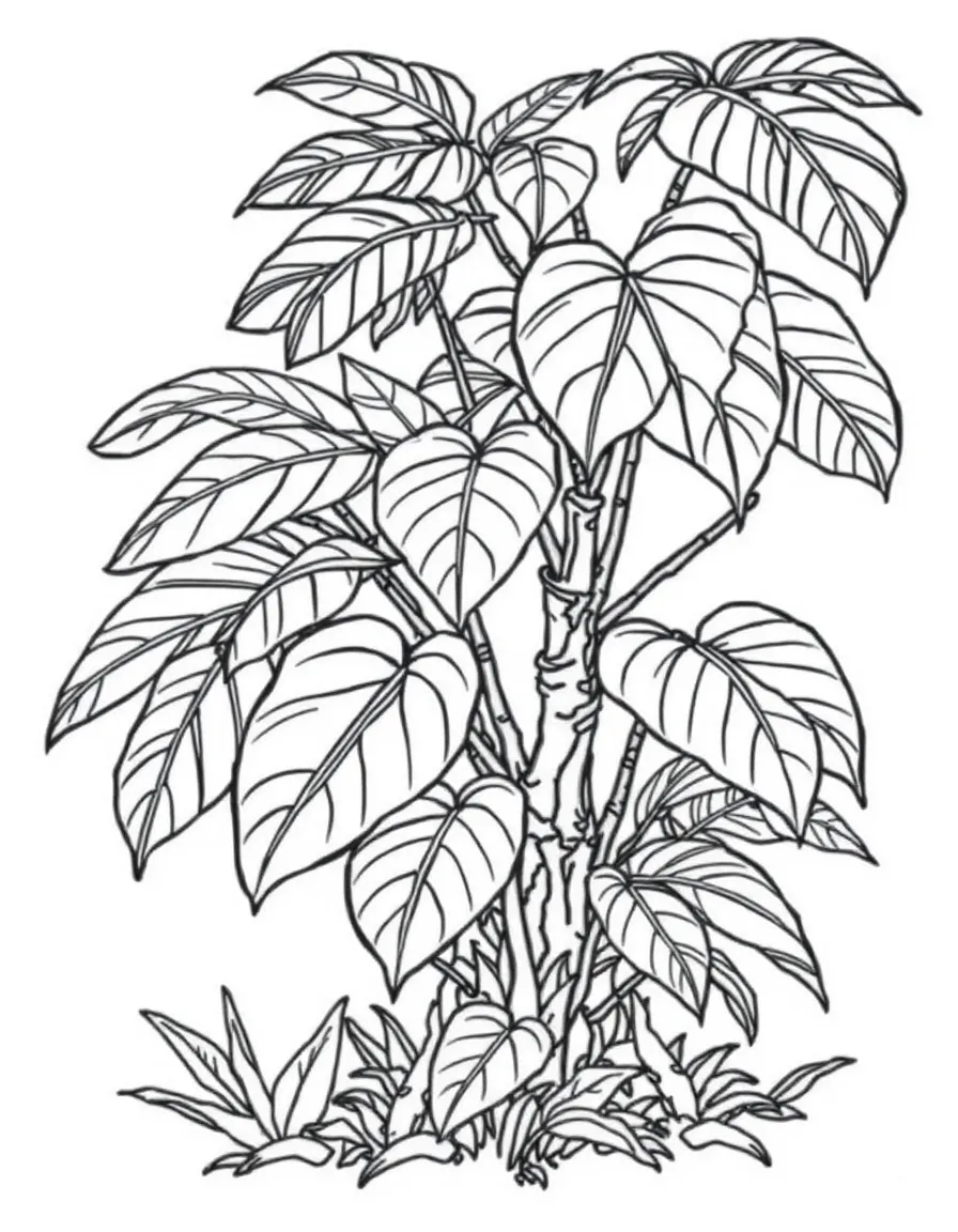 A jungle shrub with giant leaves and a monkey