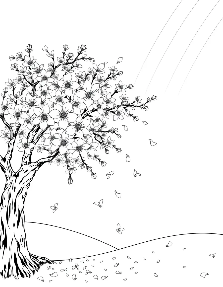 A cherry blossom tree with falling petals under a rainbow under a rainbow