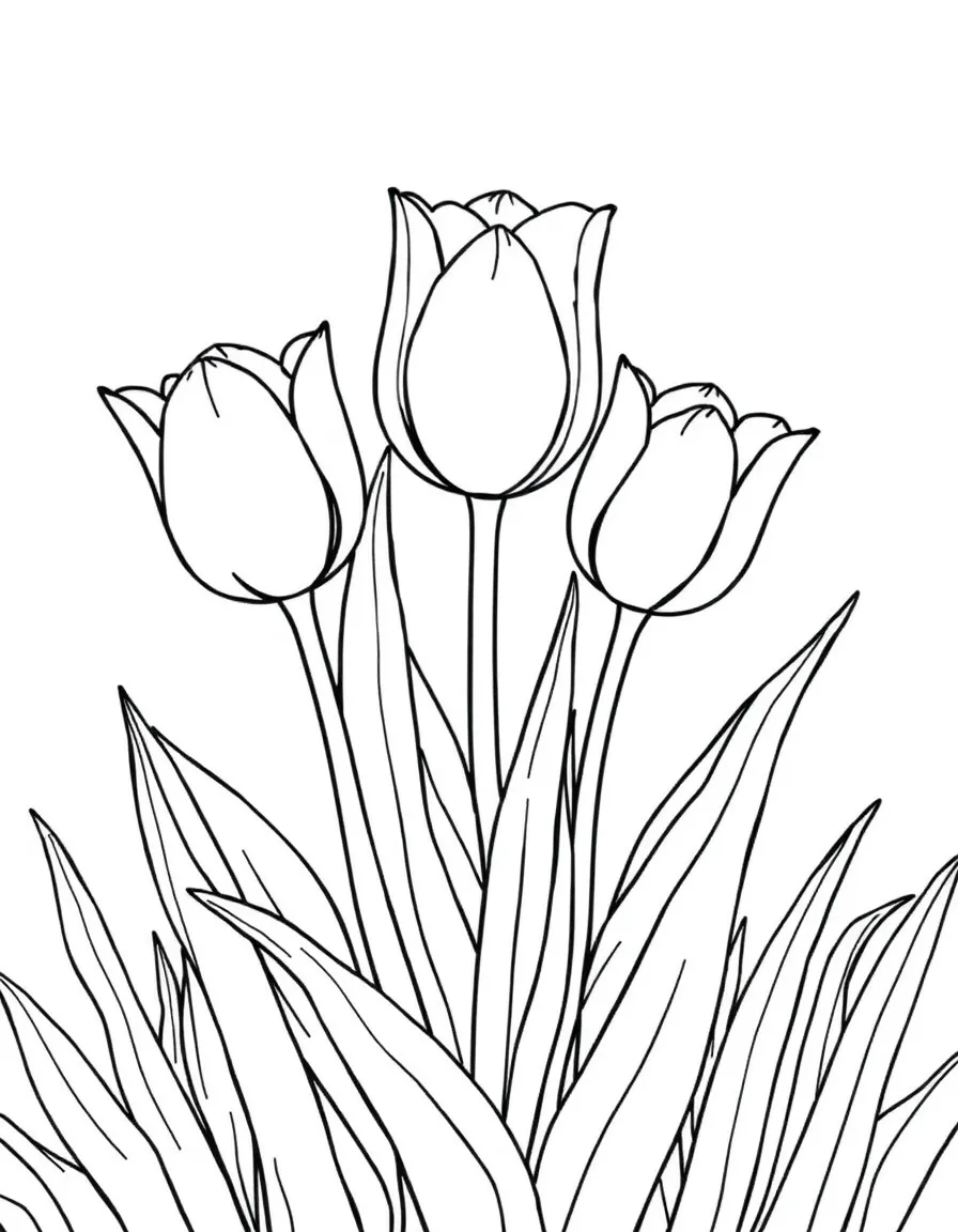 A meadow with three tulips in different colors, each with big leaves