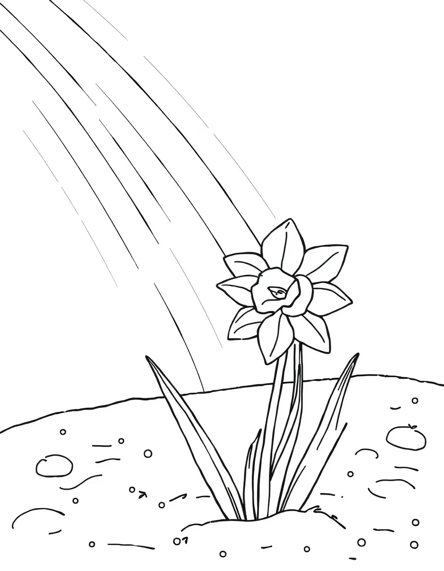 A daffodil poking out from the snow under a rainbow under a rainbow