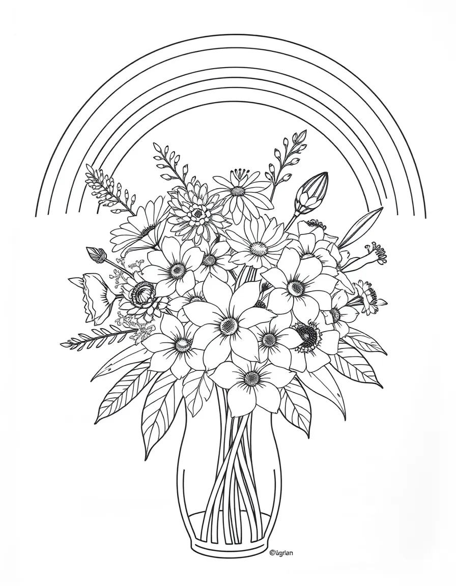 A bouquet in a vase with various blossoms under a rainbow under a rainbow