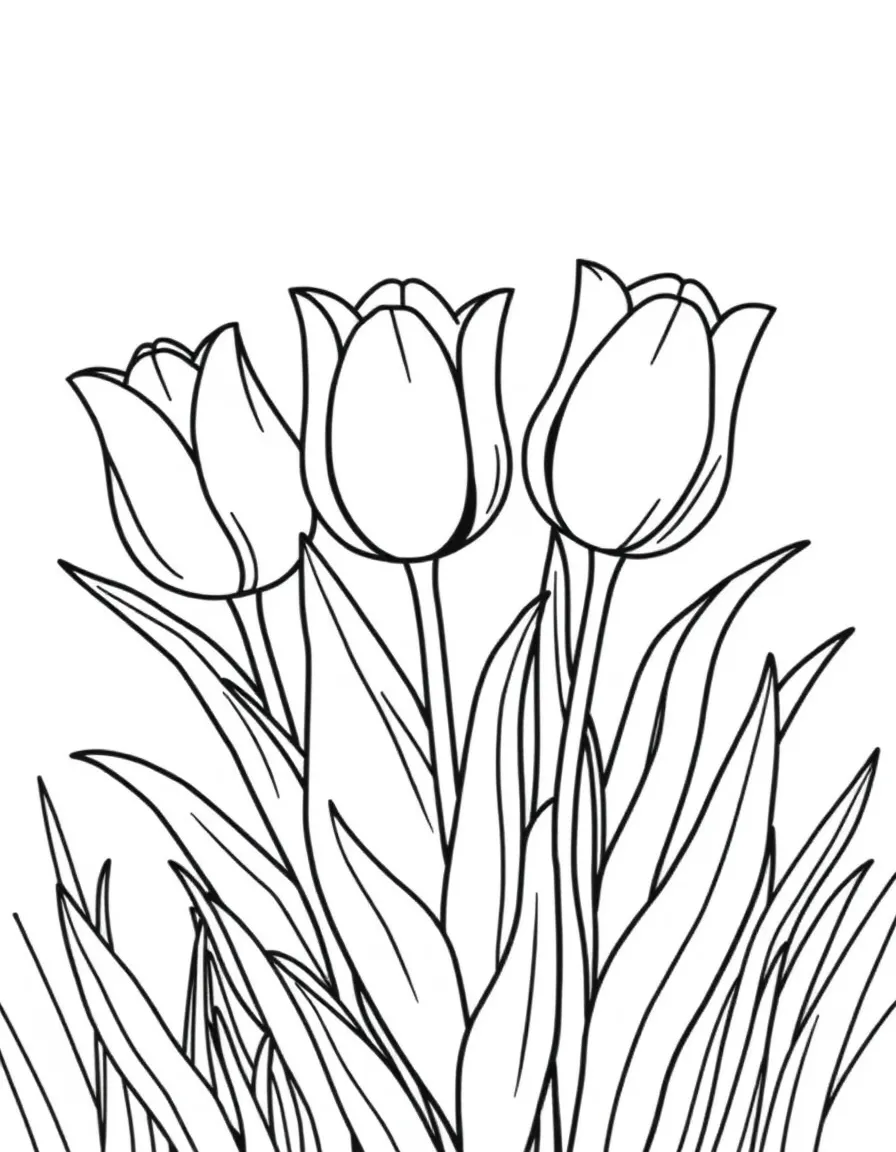 A meadow with three tulips in different colors, each with big leaves
