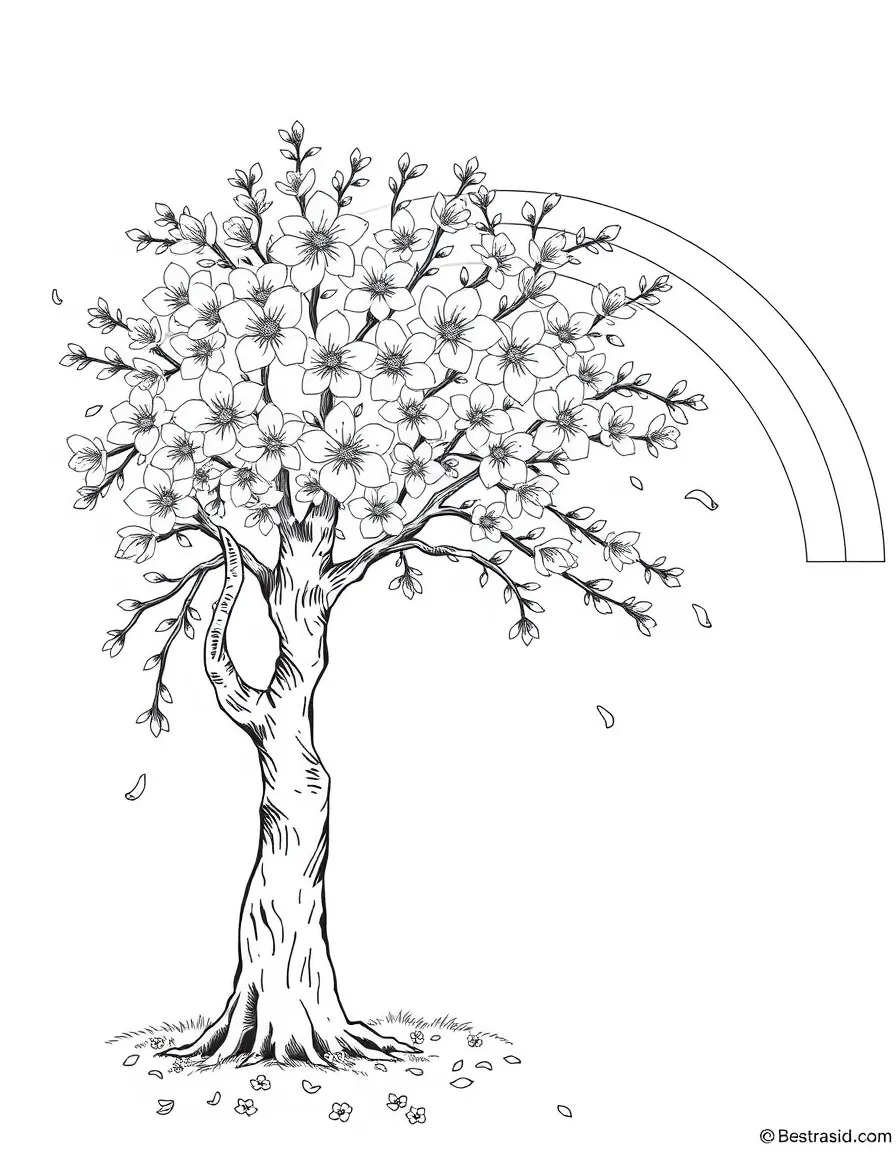 A cherry blossom tree with falling petals under a rainbow under a rainbow under a rainbow