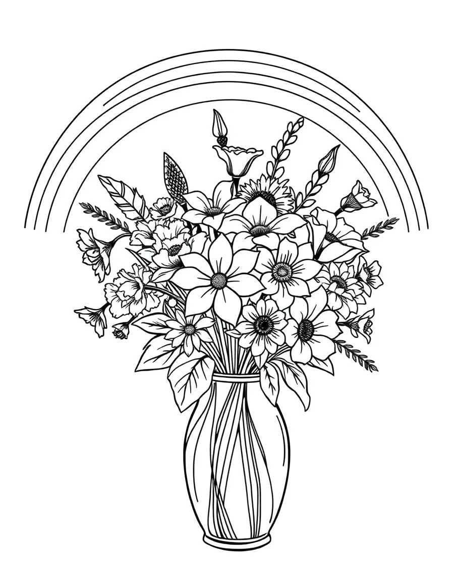 A bouquet in a vase with various blossoms under a rainbow under a rainbow