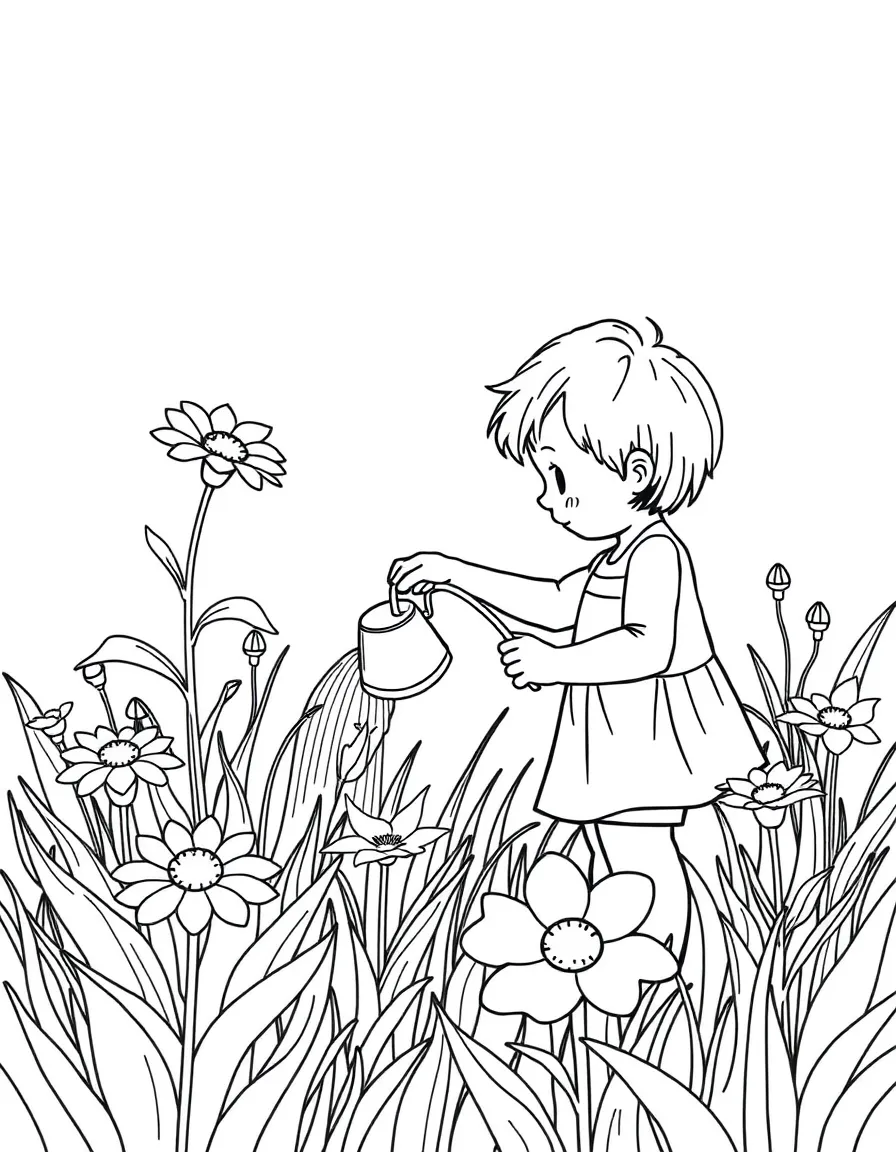 A child watering a sunblossom in the meadow