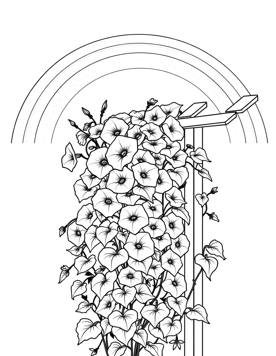 A vine of morning glories climbing a trellis under a rainbow