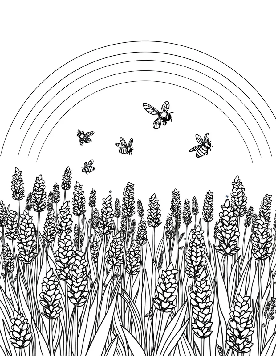 A field of lavender with bees flying above under a rainbow