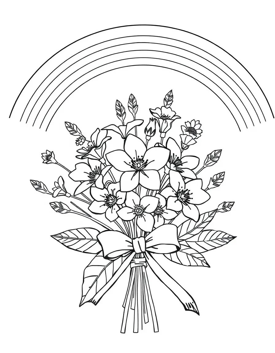 A bunch of wildblossoms tied with a bow under a rainbow