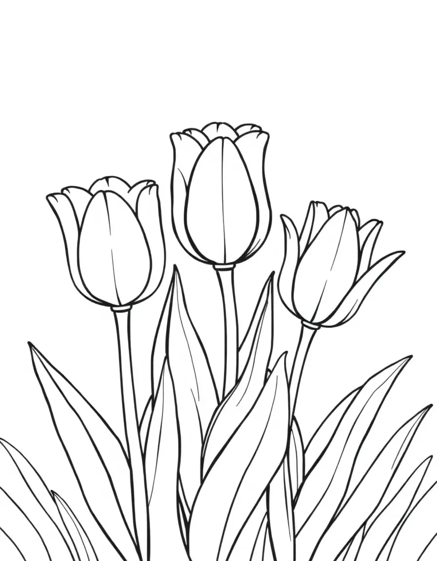 A meadow with three tulips in different colors, each with big leaves