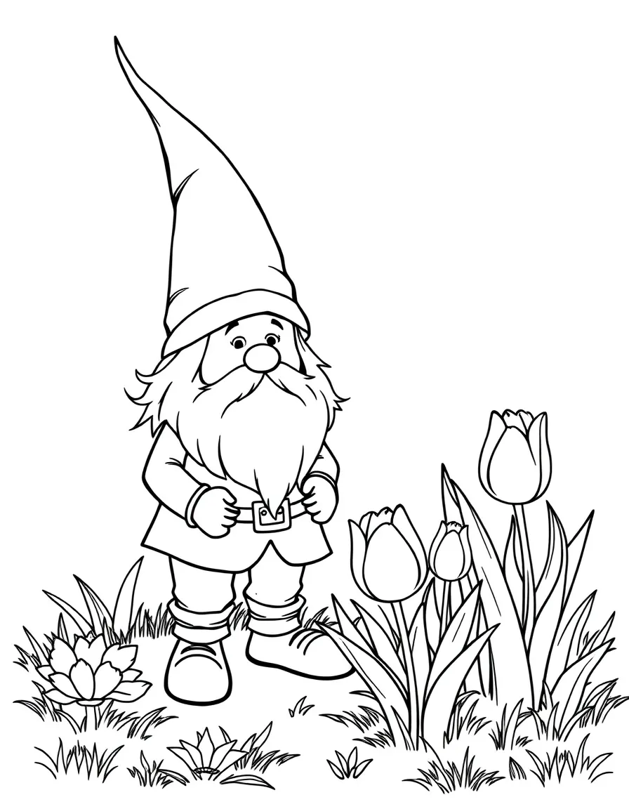 A meadow gnome standing beside a tulip patch