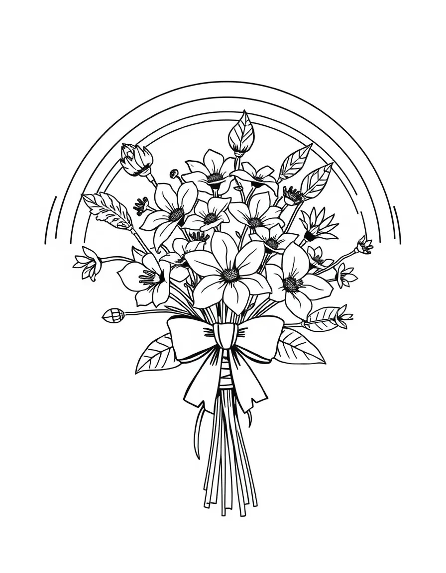 A bunch of wildblossoms tied with a bow under a rainbow