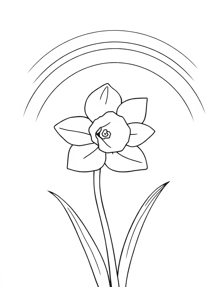 A smiling daffodil waving in the breeze under a rainbow