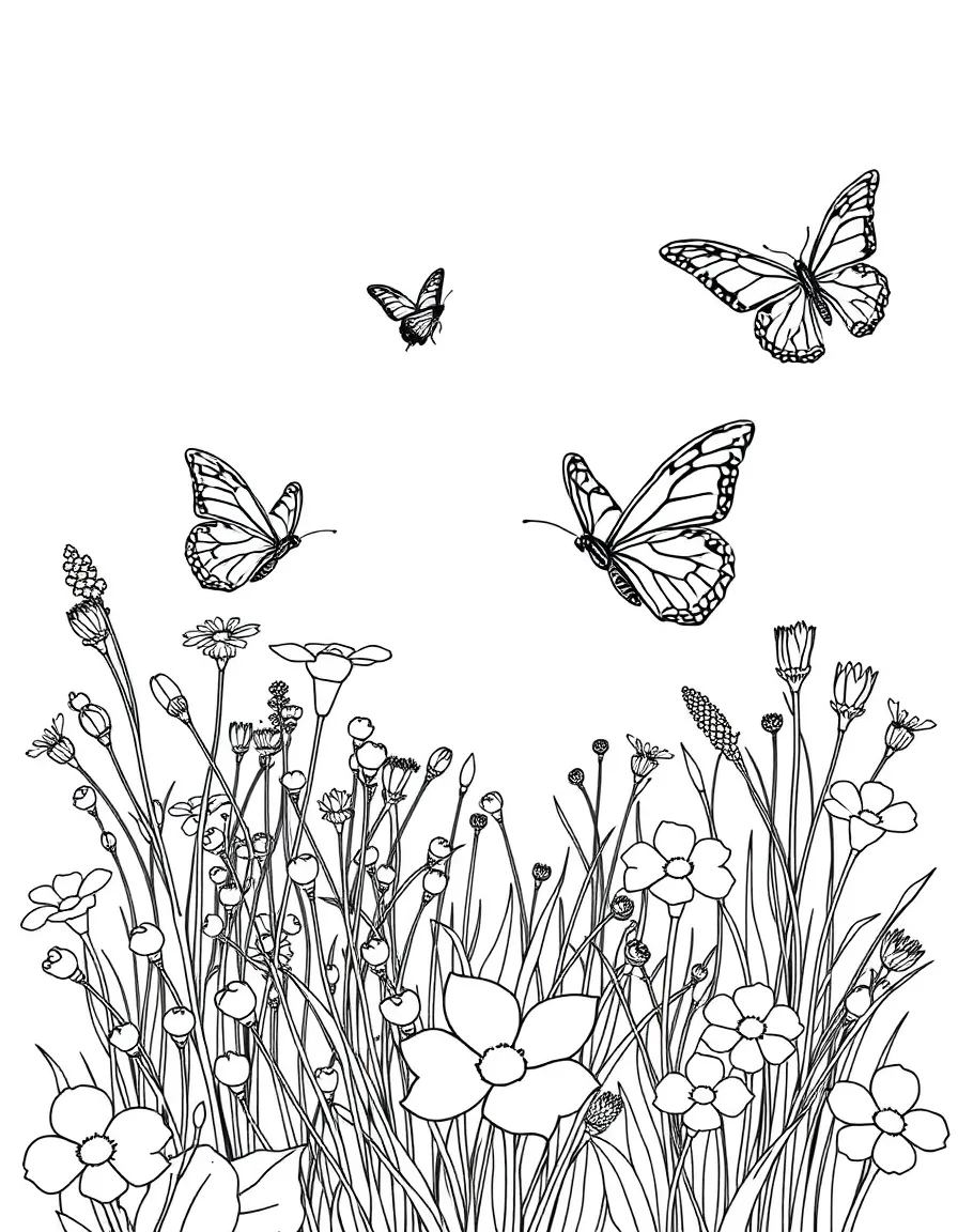 A meadow scene with butterflies flying over blossoms