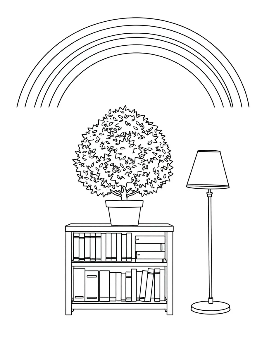A shrub on a bookshelf next to a lamp under a rainbow