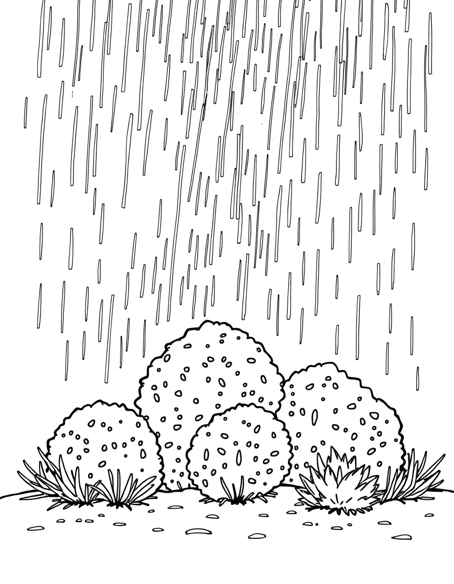 A scene of rain falling on a group of shrubs under a rainbow under a rainbow