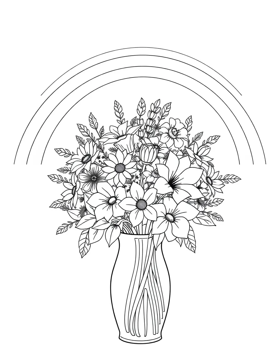A bouquet in a vase with various blossoms under a rainbow