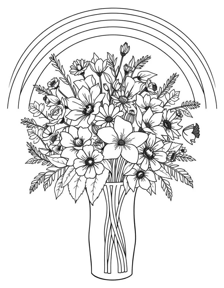 A bouquet in a vase with various blossoms under a rainbow