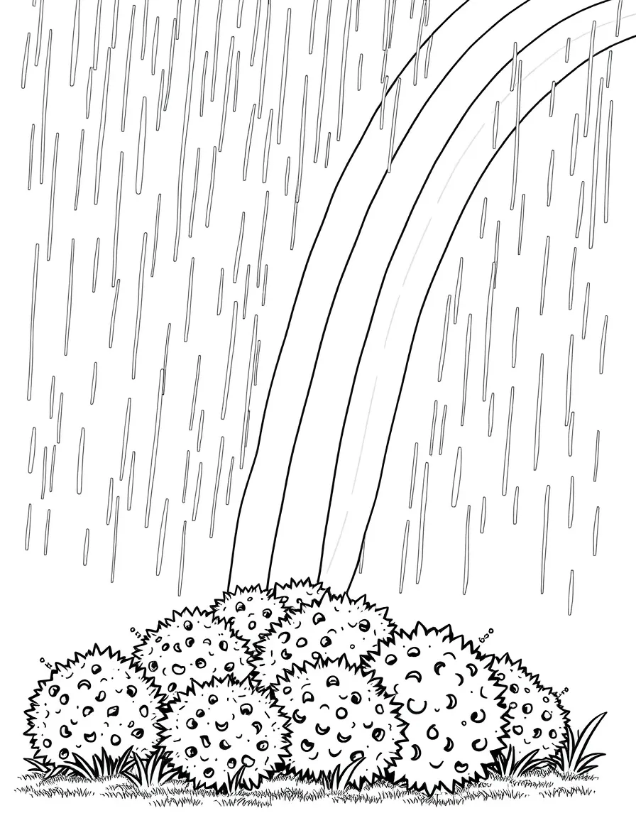 A scene of rain falling on a group of shrubs under a rainbow under a rainbow