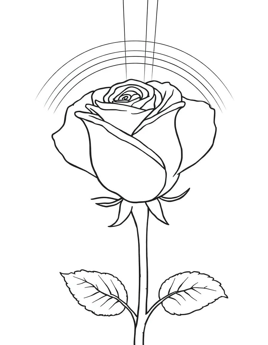 A close-up of a rose and its stem under a rainbow