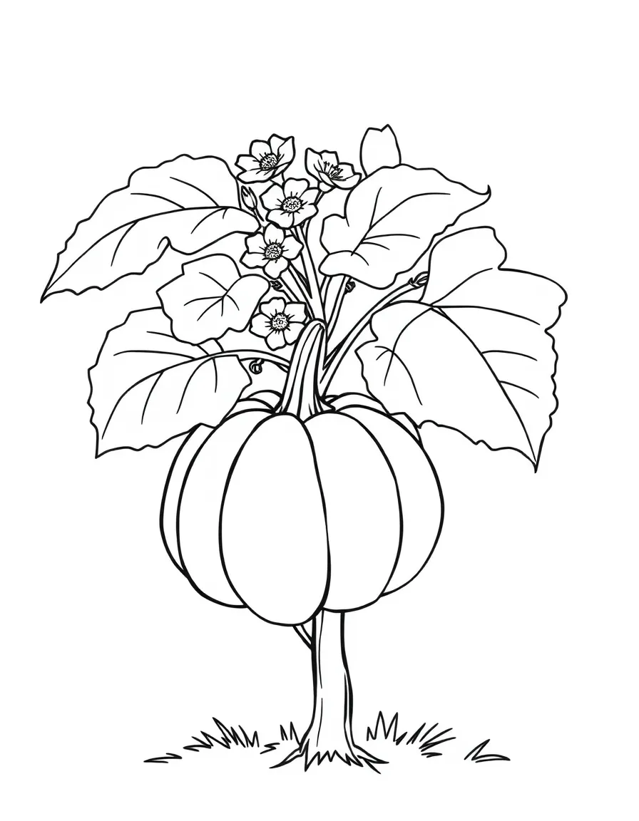 A pumpkin shrub with big leaves and blossoms