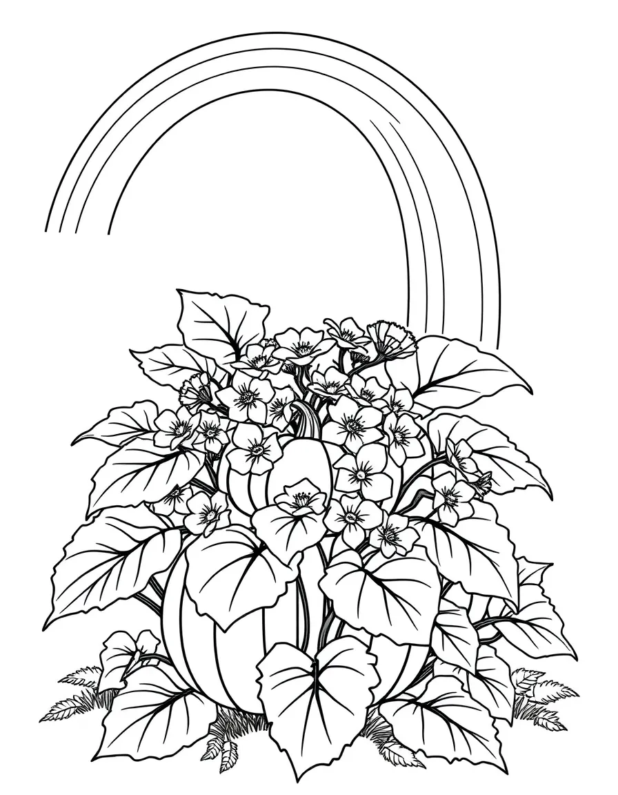 A pumpkin shrub with big leaves and blossoms under a rainbow