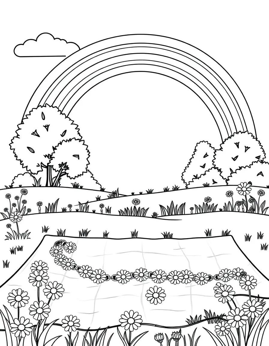 A daisy chain stretched across a picnic blanket under a rainbow