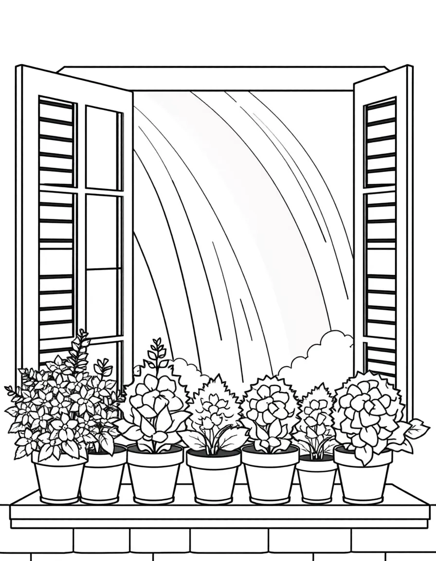 A row of potted houseshrubs on a windowsill under a rainbow