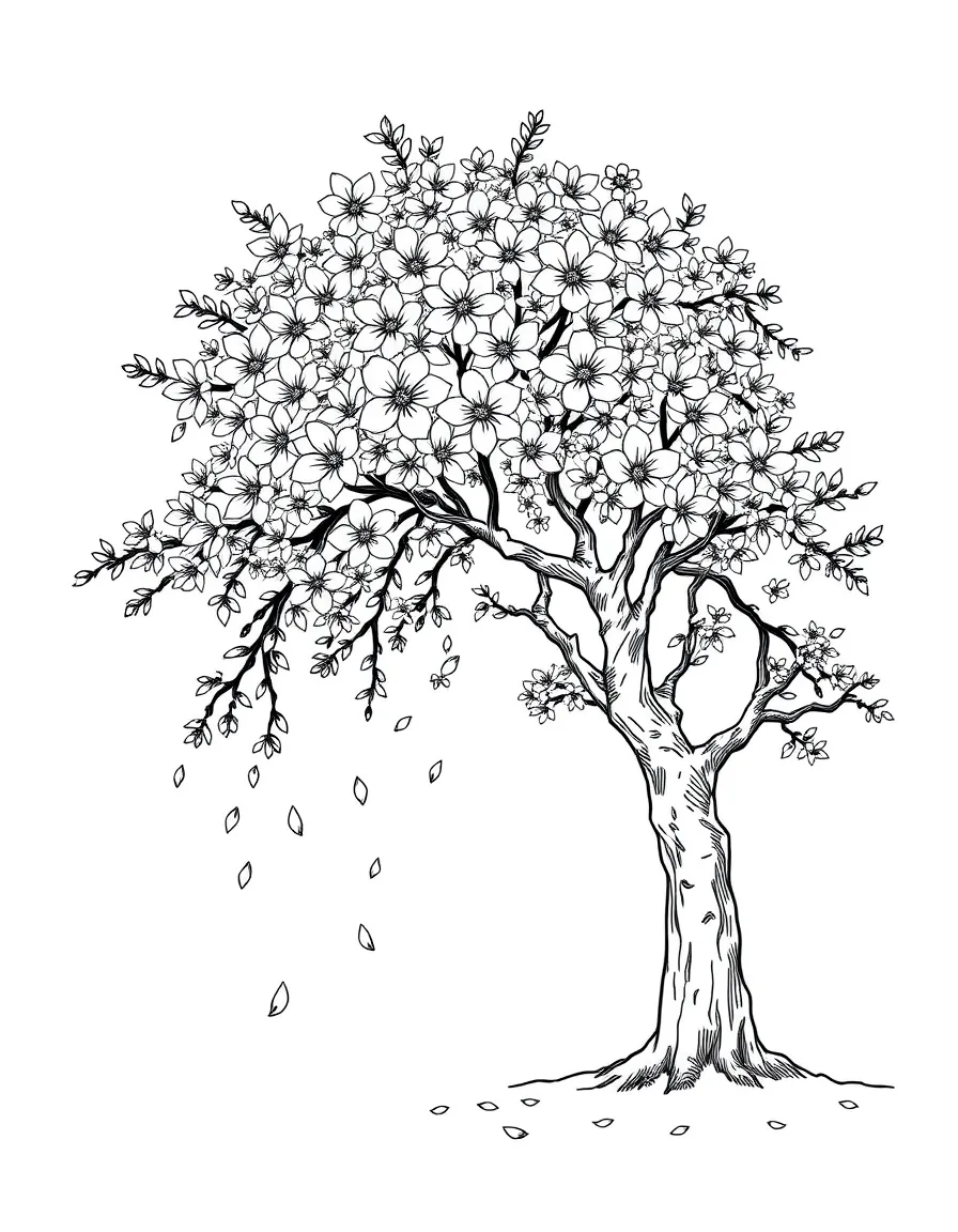 A cherry blossom tree with falling petals under a rainbow