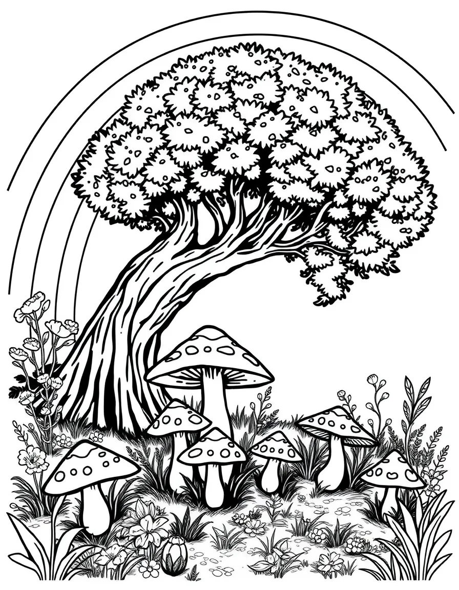 A mushroom patch under a tree under a rainbow