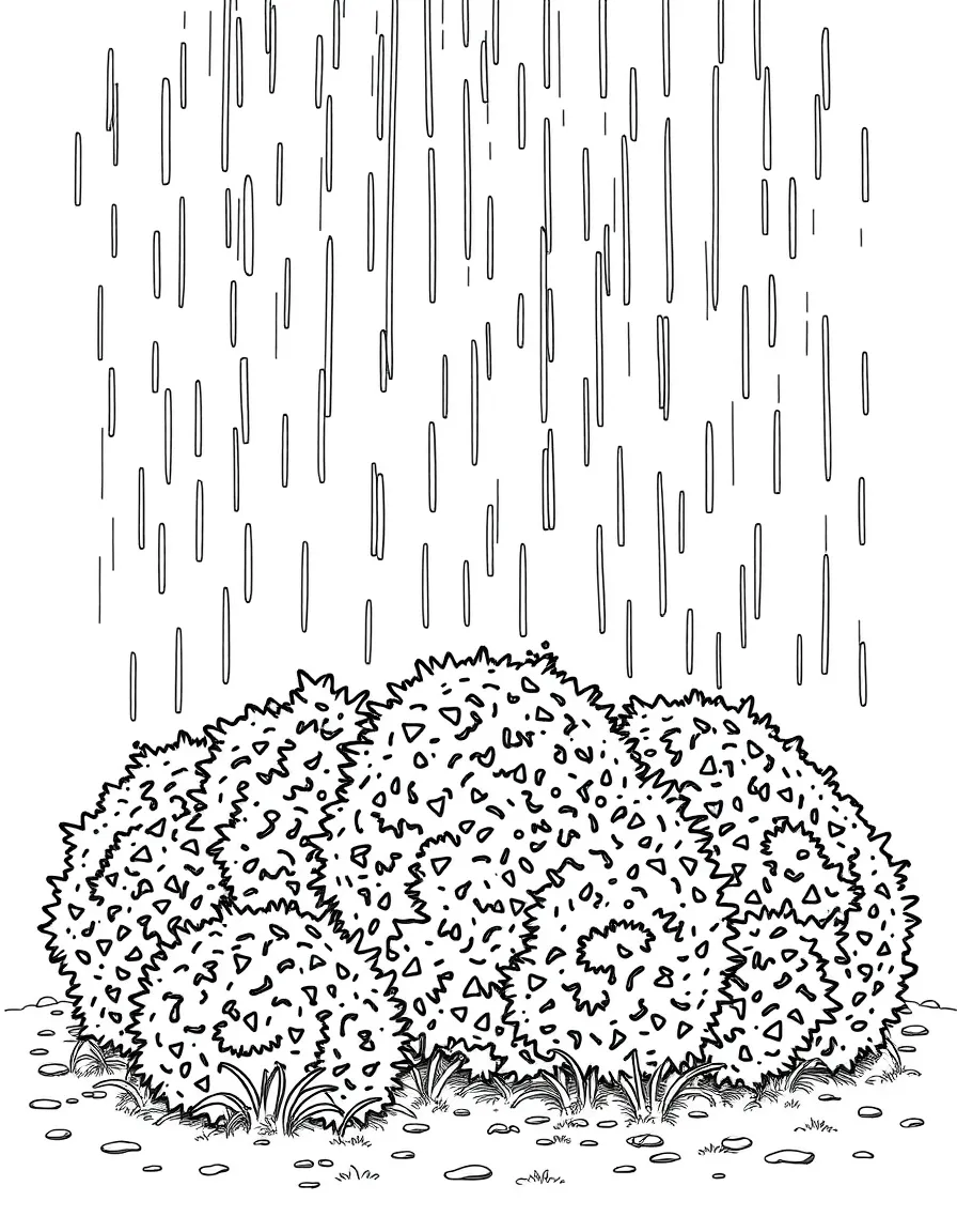A scene of rain falling on a group of shrubs under a rainbow under a rainbow