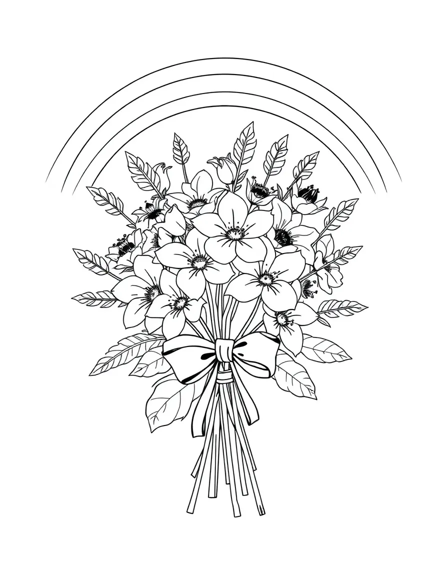A bunch of wildblossoms tied with a bow under a rainbow