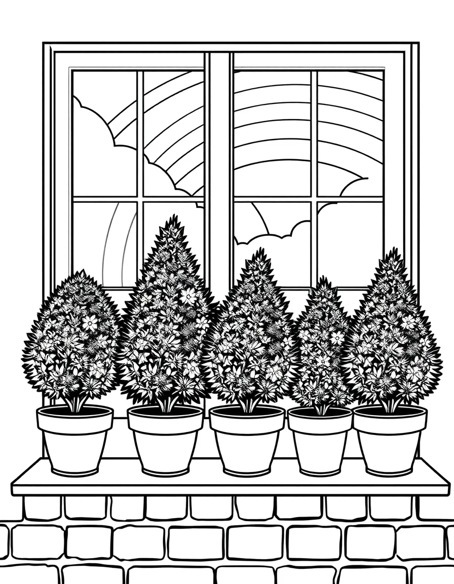A row of potted houseshrubs on a windowsill under a rainbow
