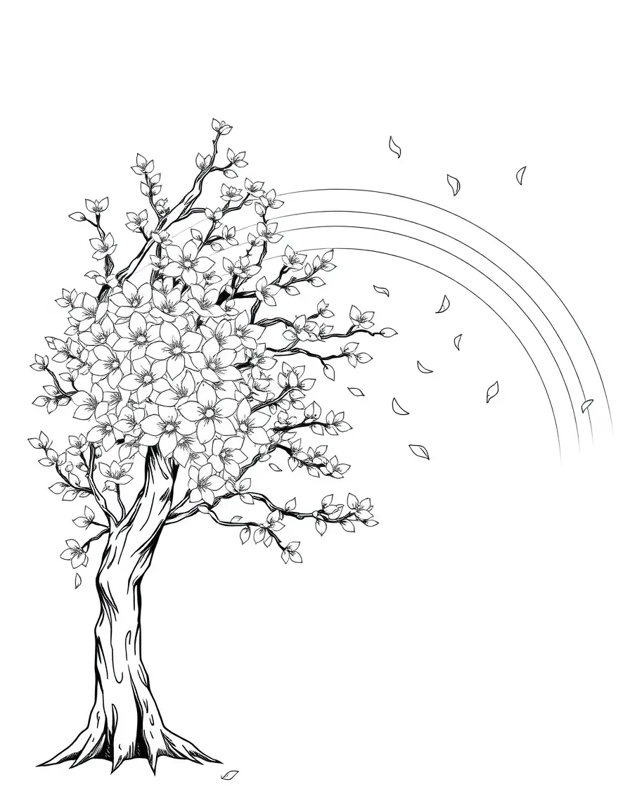 A cherry blossom tree with falling petals under a rainbow under a rainbow
