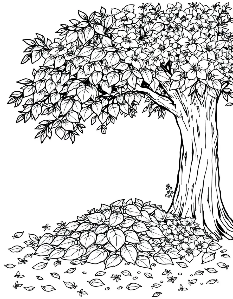 A leaf pile under a tree with blossoms nearby