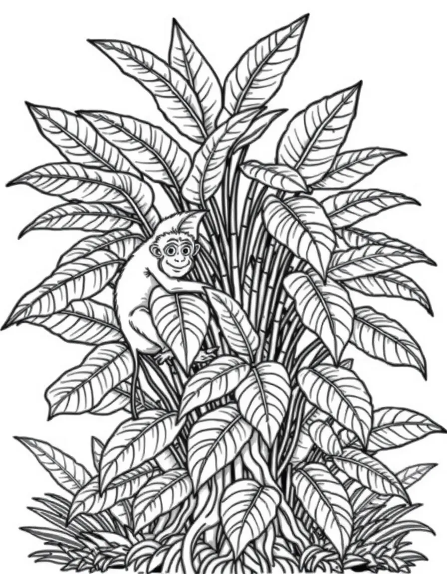 A jungle shrub with giant leaves and a monkey