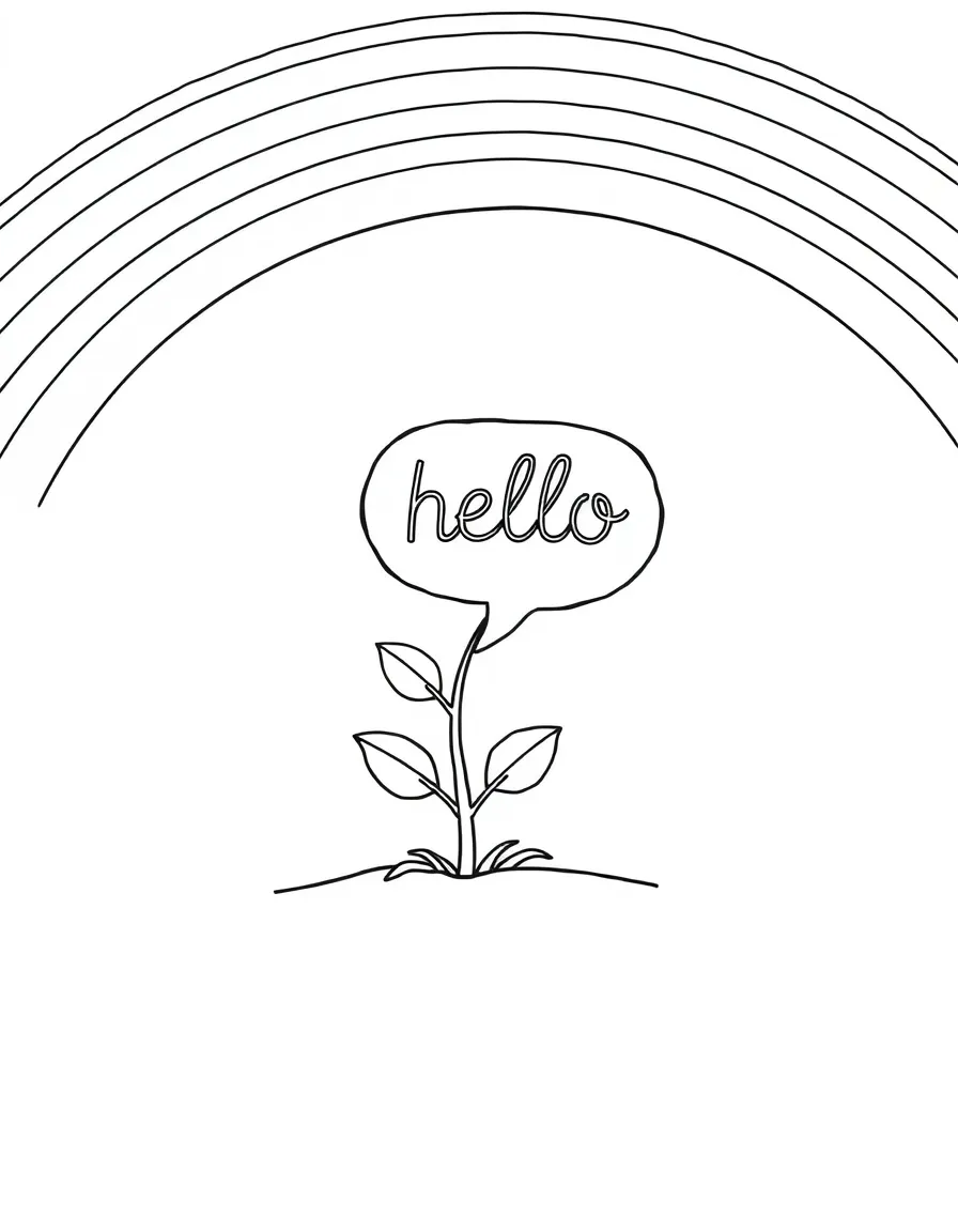 A tiny sprout saying 'hello' with a speech bubble under a rainbow under a rainbow