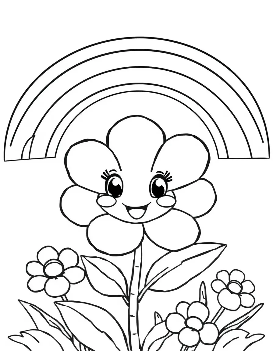 A happy blossom with cartoon eyes and a smile under a rainbow under a rainbow