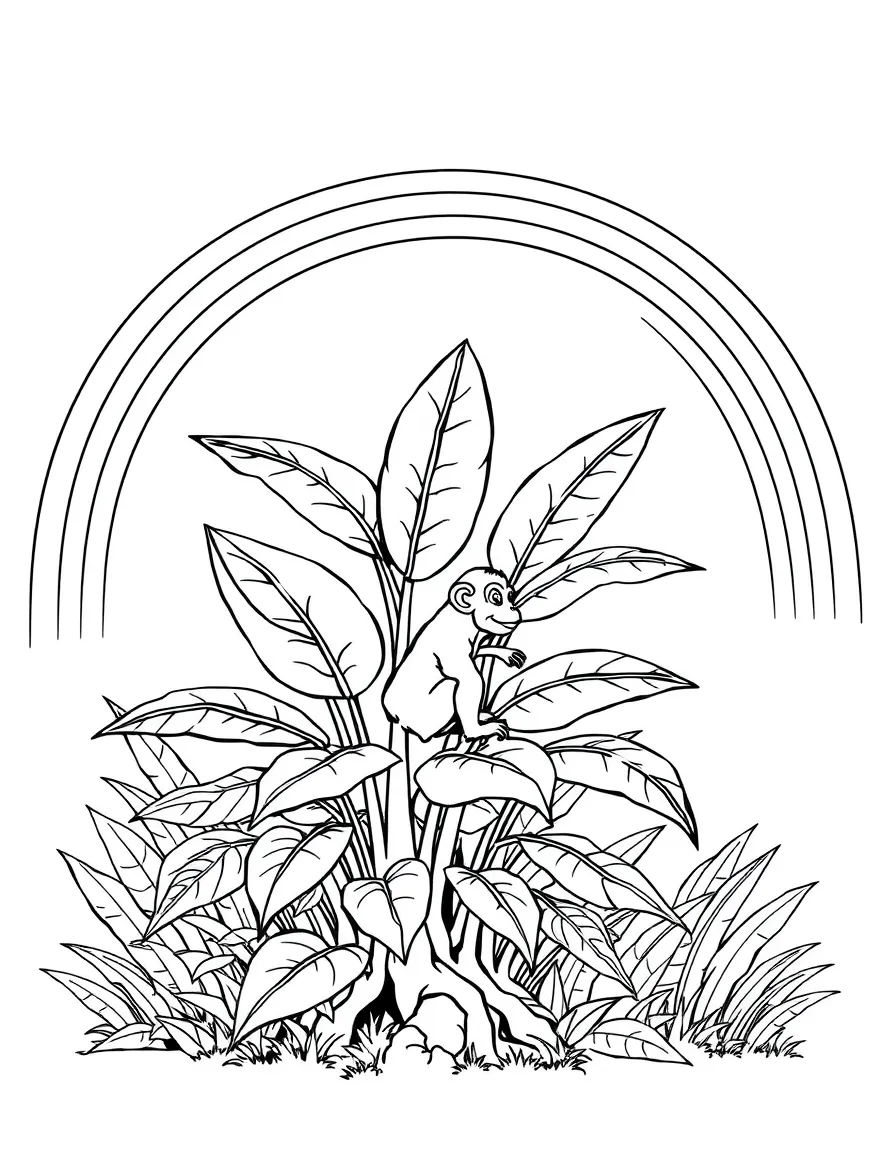 A jungle shrub with giant leaves and a monkey under a rainbow under a rainbow under a rainbow