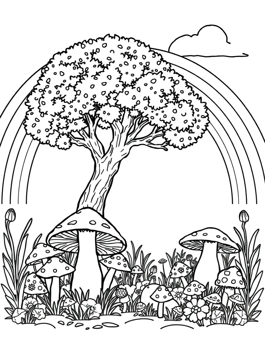 A mushroom patch under a tree under a rainbow