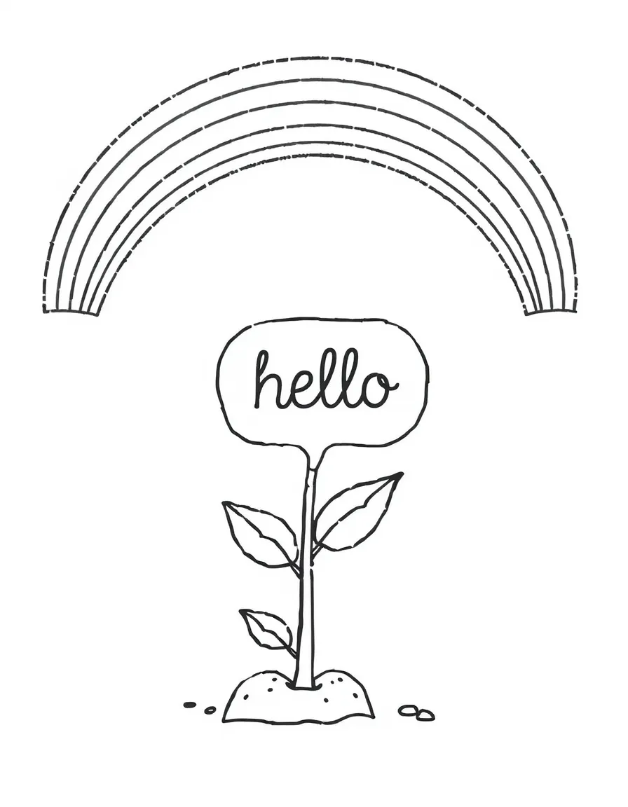 A tiny sprout saying 'hello' with a speech bubble under a rainbow under a rainbow