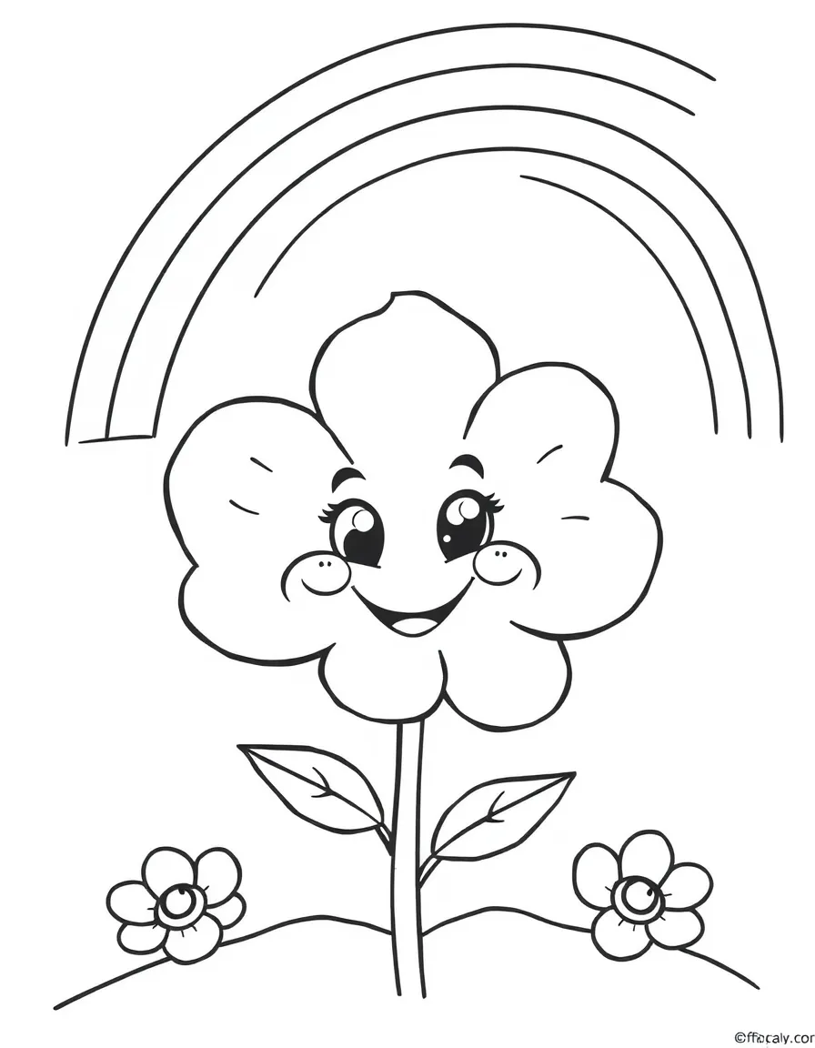 A happy blossom with cartoon eyes and a smile under a rainbow under a rainbow