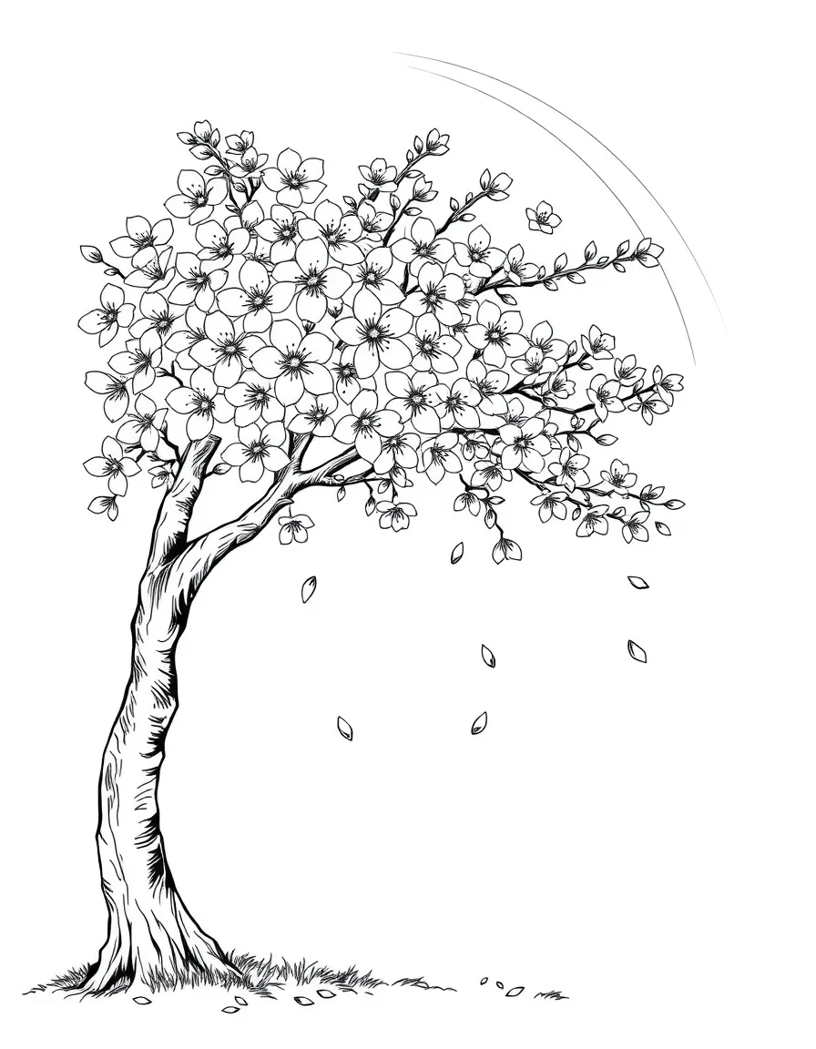 A cherry blossom tree with falling petals under a rainbow under a rainbow under a rainbow