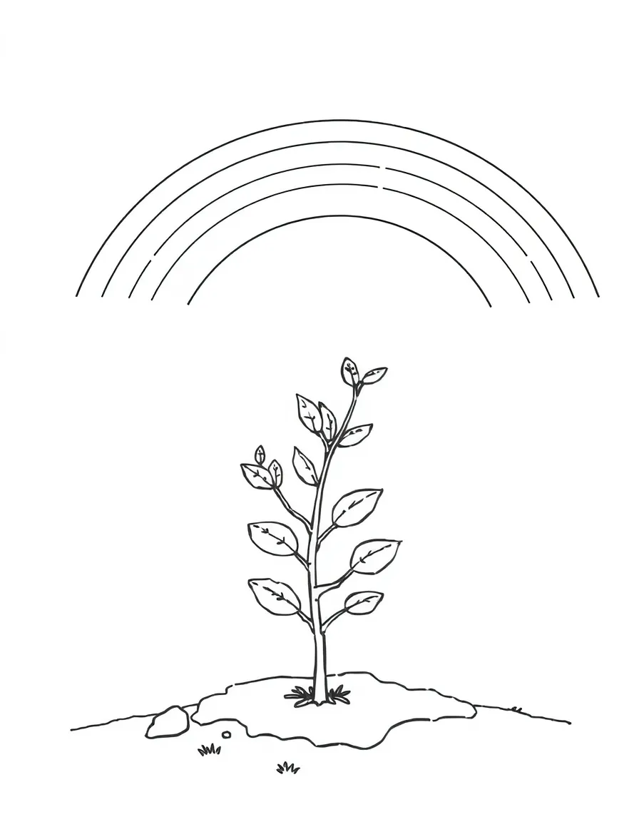 A small shrub sprouting from the ground under a rainbow
