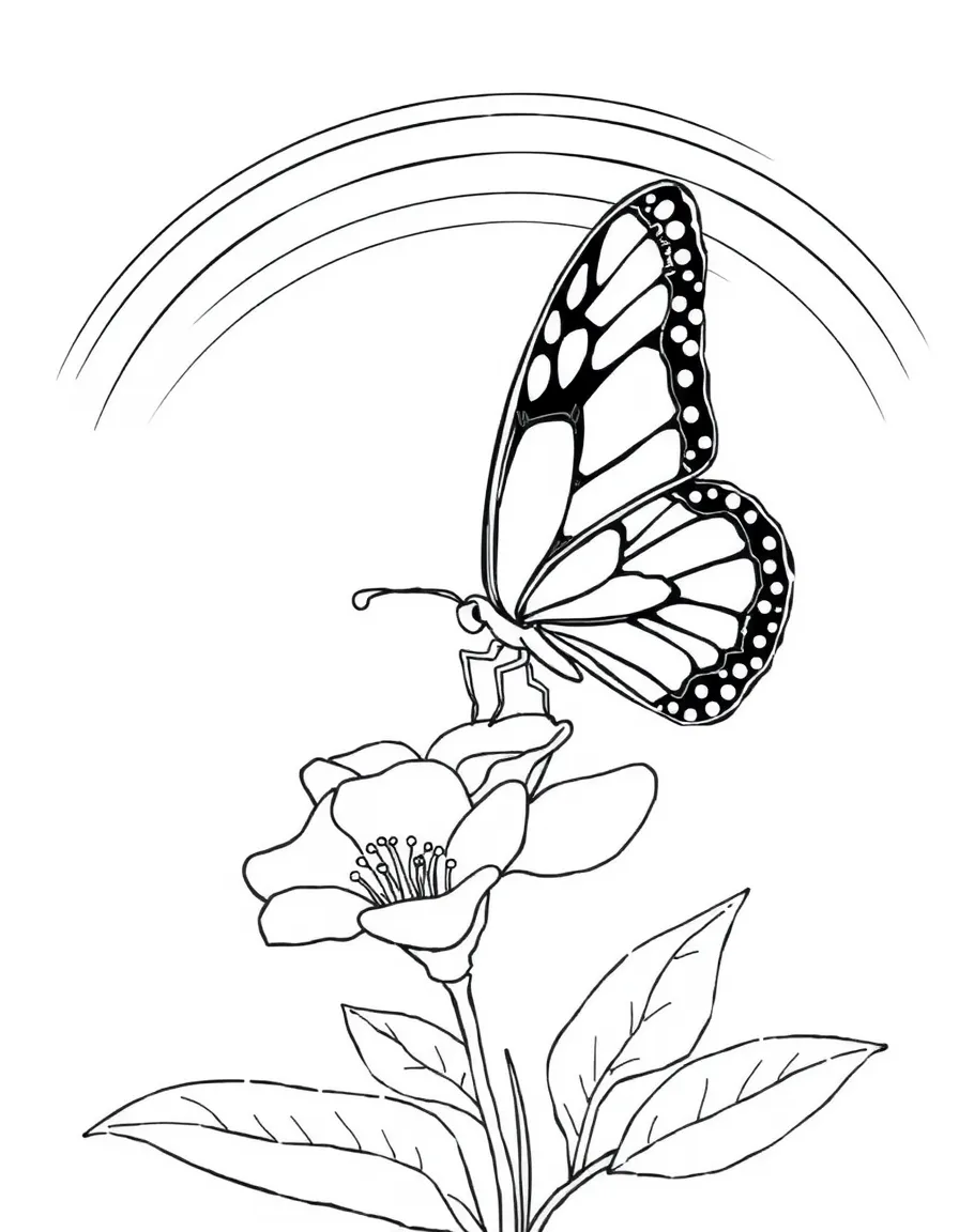 A butterfly landing on a blossom in bloom under a rainbow