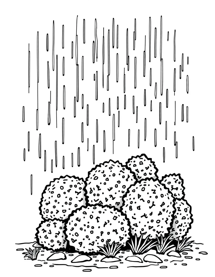 A scene of rain falling on a group of shrubs