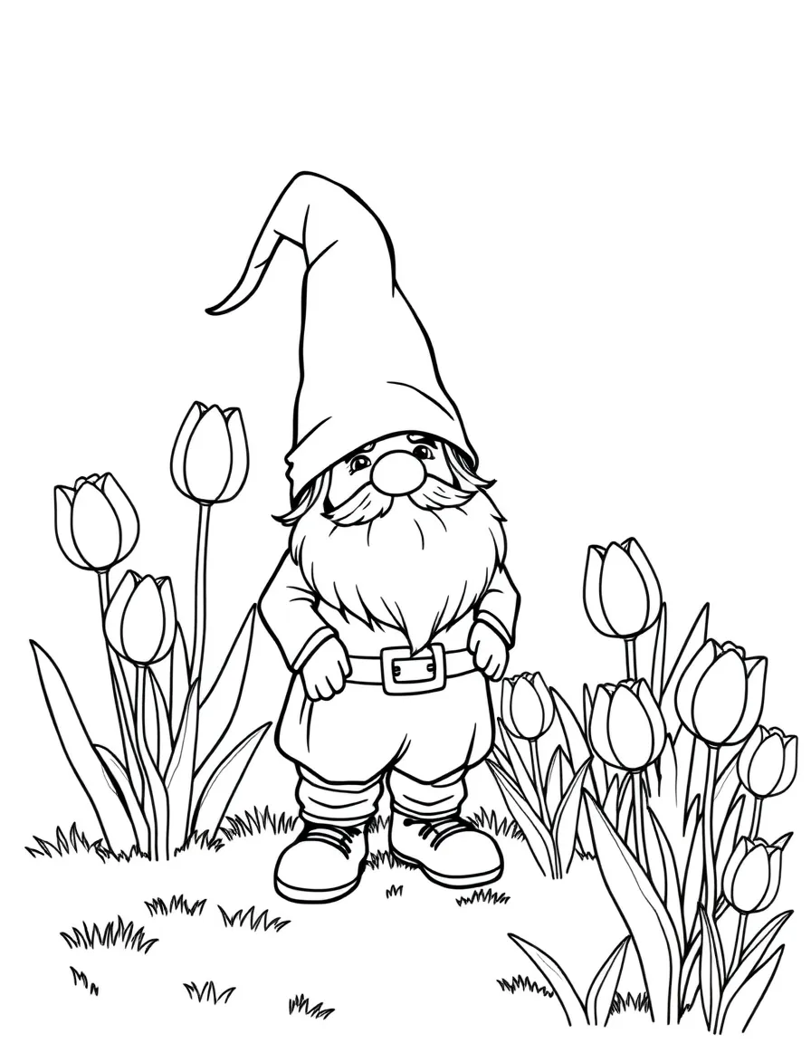 A meadow gnome standing beside a tulip patch