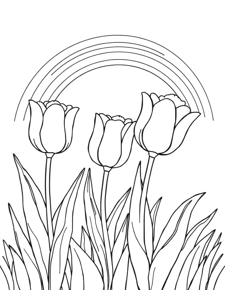 A meadow with three tulips in different colors, each with big leaves under a rainbow