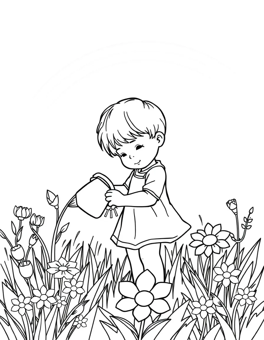 A child watering a sunblossom in the meadow under a rainbow